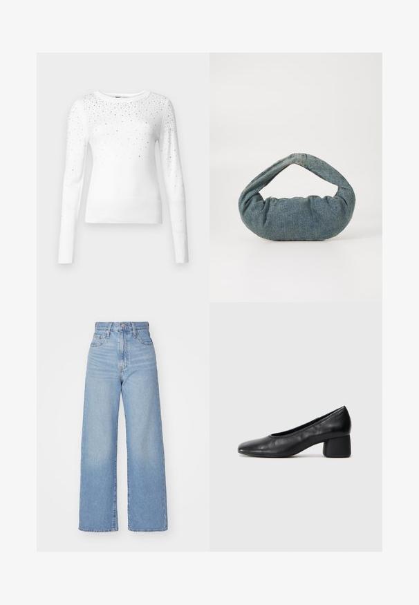 ONLY ONLSOLITA mleczny; Jasnoniebieskie jeansy z wysokim stanem i szerokimi nogawkami, z zapięciem na guziki i zamek z przodu, przednie i tylne kieszenie, na białym tle.; Czarne skórzane szpilki z zaokrąglonym noskiem i średnim obcasem. Gładka tekstura z minimalnymi detalami, z subtelnym elastycznym wykończeniem.; Niebieska torba dżinsowa o poduszkowym, zaokrąglonym kształcie i zakrzywionym uchwycie. Tekstura jest miękka, z wyraźnymi szwami i gładkim wykończeniem.