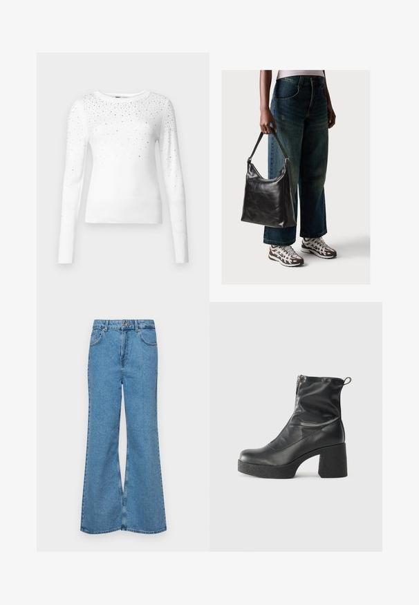 ONLY ONLSOLITA STONE DETAIL O NECK - Pulóver - cloud dancer; Világoskék, trapézszárú farmernadrág, magas derékkal, öt zsebbel és egy gombos záródással. Puha tapintású, magasított effektusú anyag.; Fekete bokacsizmák sima bőrből, oldalsó cipzárral, vastag, texturált sarkú és lekerekített orrú dizájnnal.; Fekete bőr válltáska sima textúrával és állítható pánttal, melyet elnyűtt, bő szárú farmernadrággal és sportcipőkkel párosítottak.