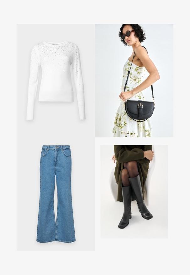 ONLY ONLSOLITA STONE DETAIL O NECK - Stickad tröja - cloud dancer; Ljust blå vida jeans i denim, med hög midja, fem fickor och en enda knappstängning. Mjuk textur med blekt finish.; Knähöga svarta läderstövlar med fyrkantig tå och klack i blockmodell, visade med en modell sittande i en olivgrön kappa. Slät textur, minimal detaljering.; Svart läderhandväska med en böjd form, avtagbar rem och guldiga detaljer. Väskan har ett lock med en spänndetalj.; Guldörhängen, fyra stycken, slät finish, rundad design, varierande storlekar, med en gångjärns-lås för enkelt användande.