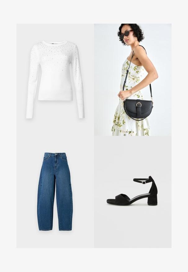 ONLY ONLSOLITA STONE DETAIL O NECK - Strikkegenser - cloud dancer; Denimjeans i en middels blå vask, med høy midje, vide ben og standard fem-roms design med synlige sømdetaljer.; Sorte semskede hælede sandaler med en tynd ankelrem, åbent tådesign og en beskeden blokhæl. Glat tekstur og minimale accenter.; Svart lærveske med en buet form, avtagbar stropp og gullbeslag. Vesken har et klaff med spenne-detall.