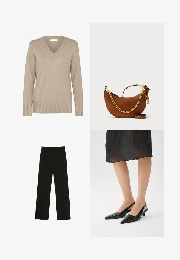 Pulover bej tricotat cu decolteu în V, cu margini ondulate și mâneci lungi. Textură netedă, cu un design ajustat și detalii subtile la guler.; Pantaloni largi negri, confecționați dintr-un material fin, cu un talie ajustată și pliuri frontale subtile pentru un plus de textură.; Pantofi cu toc slingback, cu vârful ascuțit, de culoare neagră, cu un finisaj lucios, toc subțire și design deschis la spate. Model texturat pe materialul superior.; Geantă de piele maro cu un design curbat, curea cu lanț auriu, buzunar interior și curea de umăr detașabilă. Dispune de cusături contrastante.