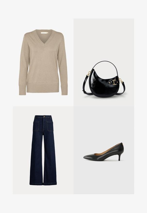 Bežinė megzta palaidinė su V formos iškirpte, raukiniais, ir ilgomis rankovėmis. Lygus tekstūra su prigludusia forma ir subtiliu apykaklės detalizavimu.; Plati kojų tamsiai mėlynos džinsinės kelnės su aukštu liemeniu, penkių kišenių dizainu ir kontrastingomis siūlėmis. Yra mygtuko uždarymas ir struktūrizuota forma.; Juodos odinės aukštakulnės bateliai su smailiu nosiu, žemu kulnu ir lygiu paviršiumi. Priekyje yra nedidelis atvirumas, o gale minimalus apdaila.; Juodas patentuotas odinis rankinukas su išlenkta forma, reguliuojamu diržu ir auksinių tonų detale šone. Lygus, blizgus paviršius.