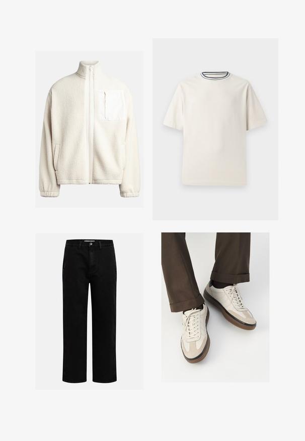 Giacca in pile crema con colletto alto, zip frontale, tasche laterali e taschino quadrato sul petto con tessuto a contrasto. Texture morbida.; T-shirt in cotone color crema con maniche corte, caratterizzato da un collo rotondo decorato da righe blu navy e bianche. Tessuto liscio, vestibilità comoda.; Pantaloni in denim nero con taglio dritto, design classico a cinque tasche e chiusura con bottone in vita. Tessuto liscio e materiale resistente.; Sneakers beige con una parte anteriore in suede testurizzato, lati in pelle liscia e una suola in gomma marrone. Inclusi lacci e dettagli di cucitura leggera.