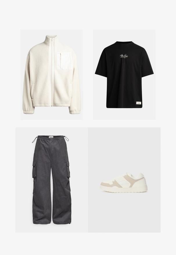 Cremefarbene Fleecejacke mit hohem Kragen, Frontreißverschluss, seitlichen Taschen und einer quadratischen Brusttasche aus kontrastierendem Stoff. Weiche Textur.; Schwarzes Kurzarm-T-Shirt aus Baumwolle. Hat ein kleines weißes Logo auf der Brust und ein rechteckiges Etikett unten rechts.; Graue Cargo-Hosen aus einem strukturierten Stoff, mit elastischem Bund, Kordelzug und Seitentaschen. Lässiger Schnitt mit weitem Bein.; Weiße und beige Sneaker mit einer Kombination aus glatten und Wildleder-Oberflächen, runder Zehenpartie, Schnürverschluss und flacher Gummisohle.