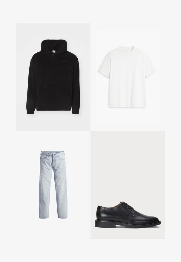 Sweatshirt de felpa preta com um bolso frontal, capuz com cordão e punhos canelados. Apresenta um logotipo discreto no peito. Textura suave.; T-shirt de algodão branco com mangas curtas, decote redondo e logo discreto da Levi's impresso no centro. Tecido macio e ajuste padrão.; Jeans de ganga azul claro com um design de perna reta, fecho de botão, cinco bolsos e uma textura de desvanecimento subtil. Apresenta detalhes em metal.; Sapato de vestido em couro preto com bico redondo, design com atacadores e um salto baixo empilhado. Textura suave com detalhes de costura mínimos.