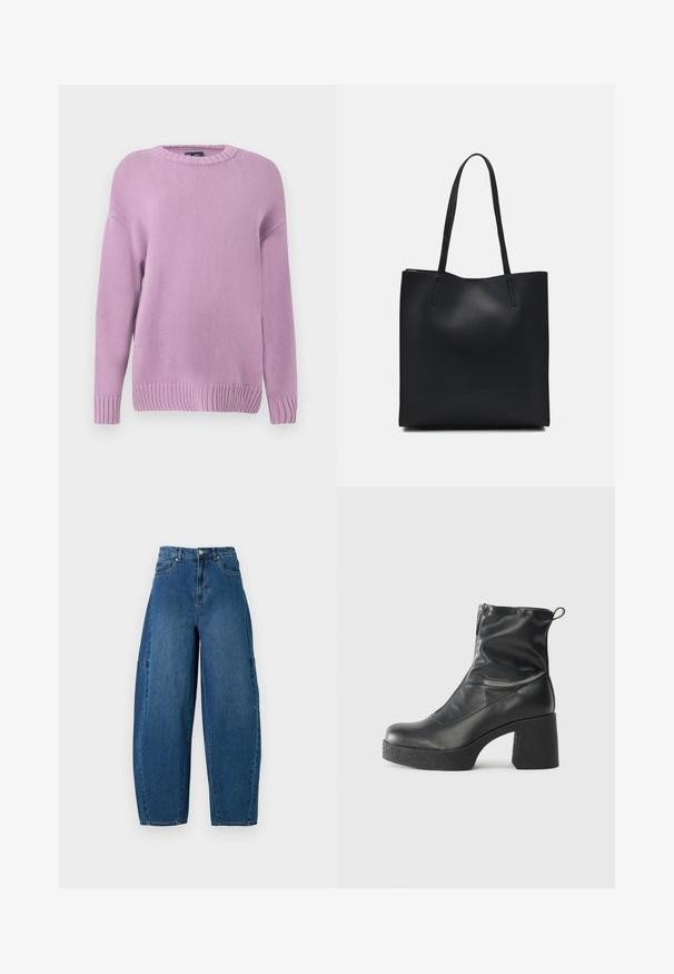 Lavendelfarbenes Strickoberteil mit Rundhalsausschnitt, langen Ärmeln, gerippten Bündchen und Saum, das eine strukturierte, weiche Oberfläche aufweist.; Denimjeans in einer mittleren blauen Waschung, mit hoher Taille, weit geschnittenem Bein und dem typischen fünf Taschen Design mit sichtbaren Nahtdetails.; Schwarze Stiefeletten aus glattem Leder mit seitlichem Reißverschluss, klobigem strukturiertem Absatz und runder Zehenform.; Schwarze Laptoptasche aus Leder mit glatter Textur, rechteckiger Form und zwei langen Griffen. Keine sichtbaren Beschläge oder Verzierungen.