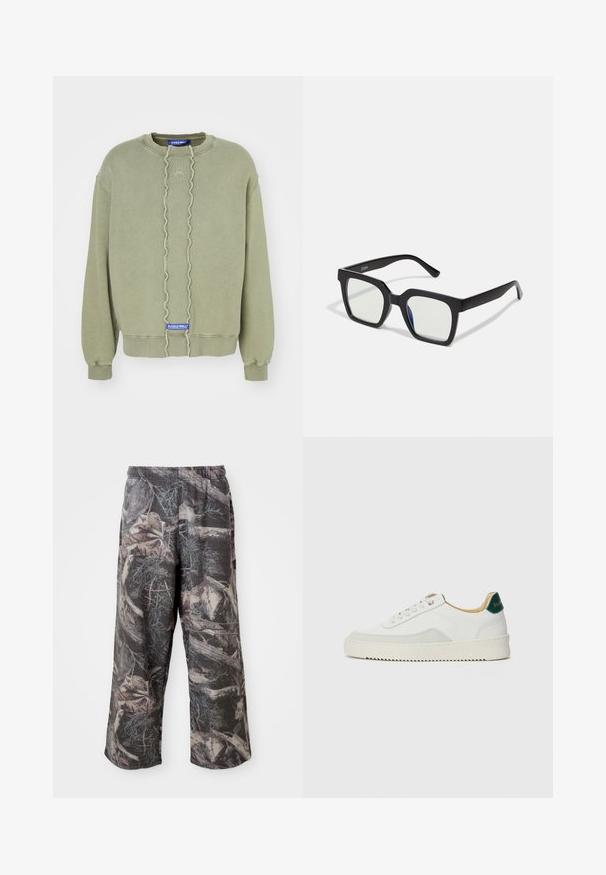 A-COLD-WALL* FRACTURE CREWNECK - Sweatshirt - grey green/olive green; Camo-patterned wide-leg pants with a muted gray and brown color scheme, elastic waistband, and relaxed fit to enhance comfort and mobility.; White sneaker with suede accents, rounded toe, flat laces, and a cream rubber sole. Features green branding on the heel.; Black square sunglasses with a matte finish, featuring transparent lenses and a slight blue tint on one side. Robust, angular design.