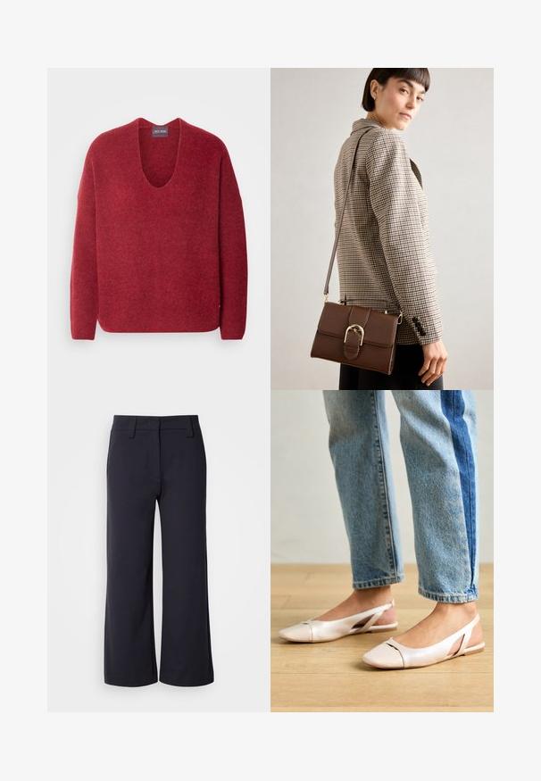 Mos Mosh THORA V-NECK - Strikkegenser - garnet; Vide benbukser i mørk navy-stof. Har flad front, bæltesløjfer og sidelommer. Materialet er glat med en let stræk.; Lys rosa slingback leiligheter med spiss tå, laget av et glatt, læraktig materiale. Har utskjæringer på sidene og lav hæl.; Brun lærcrossbody-veske med gullfarget spenne, rektangulær form, glatt tekstur og avtagbar stropp.