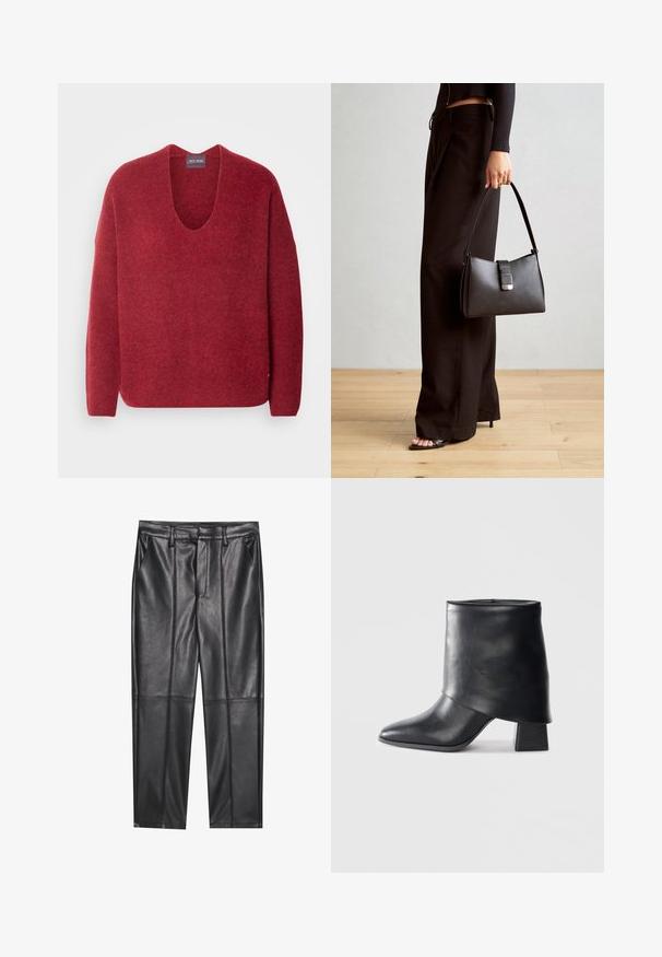 Mos Mosh THORA V-NECK - Strickpullover - garnet; Schwarze Lederhosen mit glatter Textur, gerader Passform, zwei Fronttaschen und sichtbaren Nahtdetails.; Schwarze Lederstiefelette mit spitzer Zehenform, glatter Oberfläche und strukturiertem Blockabsatz. Mit einem hohen, gefalteten Schaftdesign.; Schwarze Handtasche mit strukturierter Form, glatter Textur und einem metallischen Verschluss. Kombiniert mit weiten schwarzen Hosen und offenen Sandalen auf einem Holzboden.