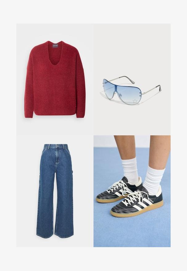 Mos Mosh THORA V-NECK - Pulover - garnet; Široke modre denim hlače z visokim pasom, kontrastnim šivom in stranskimi žepi, ki vključujejo klasičen pet-džepni dizajn in robove brez obdelave.; Črne usnjene superge z belimi črtami, okroglo konico, belimi vezalkami in gumijastim podplatom. Poudarjene z oblazinjenim ovratnikom in detajli blagovne znamke.; Pilotne sončne očala z gradijentnimi modrimi lečami, srebrnim kovinskim okvirjem in okrasnimi zvezdastimi detajli na lečah. Gladek in eleganten dizajn.