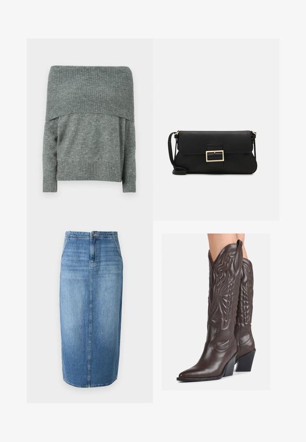 Per iškirptas megztinis šviesiai pilkos spalvos, su raukšlėtu tekstūru iškirptėje ir rankogaliuose, atpalaiduojantis kirpimas ir ilgos rankovės.; Šviesiai mėlyna džinsinė pieštuko sijonas su tiesiu siluetu, priekiniais mygtukais ir subtiliu blukimu. Apačia siekia virš kelių.; Rudos odinės kaubojaus batai su smailiu priekiu ir blokuotu kulnu, pasižymintys detaliu siuvinėjimu ir iškiliais akcentais ant ašies.; Juodas odinis dėkliukas su atvarteliu ir auksinės metalinės sagties detalėmis. Įeina juodas diržas ir elegantiškas, minimalistinis dizainas.