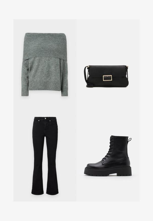 Apakšžakarda džemperis pelēkā krāsā, ar ribotu tekstūru pie kakla un piedurknēm, brīvā piegriezumā un garām piedurknēm.; Melni zvilnēti džinsi ar izplestiem iekšējiem galiem, ar vidēju vidukļa augstumu, priekšējām kabatām un pogu aizdari. Gluda tekstūra ar minimālām šuvju detaļām.; Melni ādas potītēm zābaki ar apļveida purngalu, auklām priekšpusē un biezu gumijas zoli ar teksturētu protektoru. Velkšanas cilpa aizmugurē.; Melnas ādas saķeres soma ar atloku un zelta metāla sprādzi. Ietver melnu siksnu un elegantu, minimālistisku dizainu.