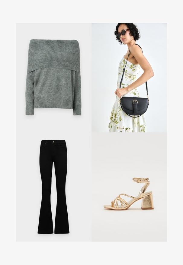 Vállról lelógó, heather szürke kötött pulóver, bordázott textúrával a nyakrésznél és a mandzsettánál, laza fazonnal és hosszú ujjakkal.; Fekete, magas derekú farmernadrág gomb- és cipzárzárral, elülső zsebekkel és harangszárral, laposan egy fehér háttérre terítve.; Arany fémes sarkú szandál, mely jellemzője a pántos dizájn, négyzet alakú blokk sarok és állítható bokaheveder csattal. Sima textúra.; Fekete bőrtáska ívelt formával, levehető pánttal és arany színű fémrészekkel. A táskán egy csattal díszített fedél található.