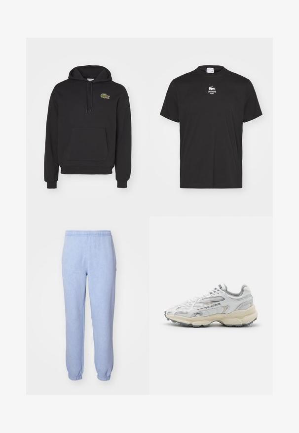 Fekete kapucnis pulóver pamut keverékből, kenguruzsebbel, hosszú ujjú kivitelben, bal mellen zöld krokodil logóval.; Fekete pamut póló bordás kerek nyakkal, rövid ujjakkal, és egy kis fehér hímzett Lacoste logóval a "PARIS" felirat felett a mellkasán.; Világoskék melegítőnadrág puha, bolyhos anyagból. Rugalmas derékkal és rugalmas szárvégekkel rendelkezik. Egyszerű, letisztult dizájn.; Fehér sportcipők szürke részletekkel, hálós és szintetikus felsőrésszel, fűzős kivitelezéssel és texturált gumitalppal, amely tapadásmintákkal rendelkezik.