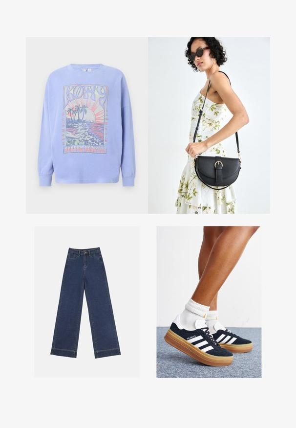 Light blue sweatshirt with long sleeves, featuring a colorful graphic print of a sunset and palm trees. Text reads “Roxy Surfing Horizons.”; Wide-leg jeans in dark blue denim. Features five pockets, belt loops, and a raw hem at the bottom with visible stitching details.; Black suede sneakers with white stripes and accents, rounded toe, gum rubber outsole, paired with white ribbed crew socks.; Black leather handbag with a curved shape, detachable strap, and gold hardware. The bag features a flap with a buckle detail.