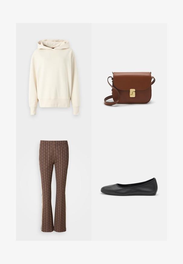 Felpa color crema realizzata in morbido tessuto, con vestibilità ampia, grande cappuccio e polsini a costine, con un logo sottile sul davanti.; T-shirt bianca a maniche corte realizzata in tessuto a costine. Collo rotondo, vestibilità regolare e dettagli di cucitura sottili. Senza motivi o grafiche.; Pantaloni svasati marroni con motivo e design testurizzato, caratterizzati da strisce laterali. Vita elasticizzata per il massimo comfort.; Pantofole da balletto nere in pelle con punta arrotondata, texture liscia, dettagli di cucitura minimi e design con suola flessibile.; Borsa a tracolla in pelle marrone con chiusura a pattina, hardware color oro, tracolla e una finitura liscia. Forma rettangolare compatta.