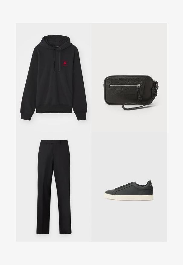 Juodas džemperis, pagamintas iš brillėto audinio, su priekiu kišenėje, su raišteliais kapuce ir raudonu siuvinėtu logotipu krūtinėje.; Juodos, tiesios kojų kelnės iš lygaus audinio. Turi standartinę juosmens juostą ir neturi matomų raštų ar akcentų.; Juodos odinės sportinės bateliai su žemu profiliu, apvaliu pirštu ir raištelių uždarymu; turi tekstūruotą guminį padą ir logotipo detalę ant kulno.; Juodas odinis delninukas su tekstūruotu paviršiumi, priekinė užtrauktuko kišenė ir nuimama riešo juosta. Priekyje yra logotipo etiketas. Stačiakampio formos.