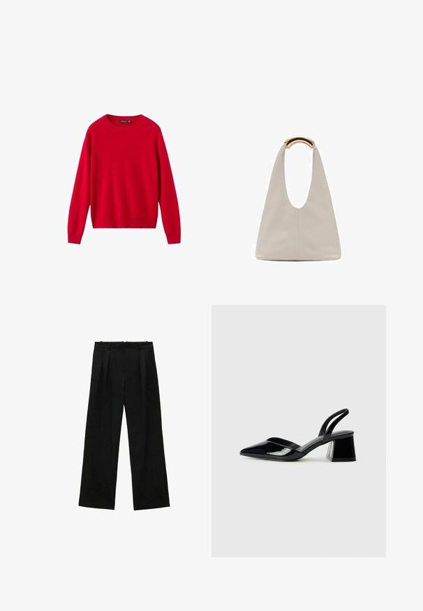Red long-sleeve sweater made of soft knit material. Features a crew neck and ribbed cuffs. Simple design with no visible patterns or hardware.; Black wide-leg trousers with pleats, featuring a smooth texture and a high waist design. Minimalist style, no visible hardware or embellishments.; Black patent leather slingback heels with a pointed toe and a geometric block heel. Features a sleek, minimal design and smooth texture.; Light gray leather bag with a U-shaped design and a curved metallic handle. Smooth texture with minimal stitching and no visible patterns.