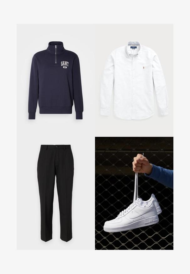 Sudadera azul marino con cuello alto, media cremallera y un logotipo de estilo vintage "GANT" con el número "49" en el pecho.; Camisa blanca de manga larga con botones, hecha de algodón. Presenta un cuello spread, cierre de botones y un pequeño logo bordado en el pecho.; Pantalones negros de tela suave, con un diseño de pierna recta, bolsillos delanteros, un cierre de botón y sin patrones visibles.; Zapatillas de cuero blanco con perforaciones, punta redonda, suela plana y cordones gruesos, con un logo de swoosh visible y "AIR" en el talón.