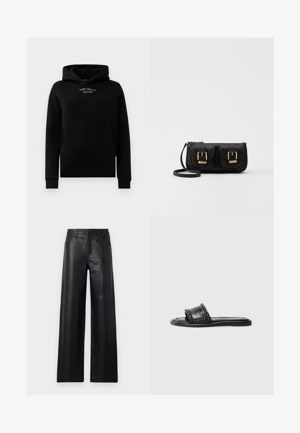 Črna kapuca iz mehkega materiala, s sprednjim žepom, rebrastimi manšetami in z zlatim vezenim logotipom na prsih.; Široke črne usnjene hlače gladke teksture, s sprednjimi žepi, gumbom za zapiranje in subtilnimi detajli šivanja.; Črne usnjene sandale z detajlom iz tkane naramnice, ravnim podplatom in elegantnim oblikovanjem. Gladka tekstura in minimalistični profil.; Črna usnjena torbica čez ramo z dvema sprednjima žepoma, zlatimi zaponkami, zadrgo in ozkim pasom. Tekstura površine je strukturirana, obliko pa ima kompaktno pravokotno.
