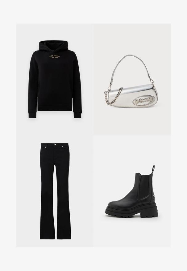 Felpa nera con cappuccio realizzata in tessuto morbido, dotata di una tasca frontale, polsini a coste e un logo ricamato in oro sul petto.; Jeans neri svasati in denim, dotati di due tasche anteriori, chiusura con bottone e una texture liscia. Cuciture iconiche visibili nei punti di giuntura.; Stivali Chelsea neri in pelle liscia con pannelli laterali elastici, suola in gomma spessa e rigata, e un manico sul retro.; Borsa a mano metallica argentea con forma triangolare arrotondata, con logo, tracolla a catena e texture liscia. Chiusura con zip sul lato.