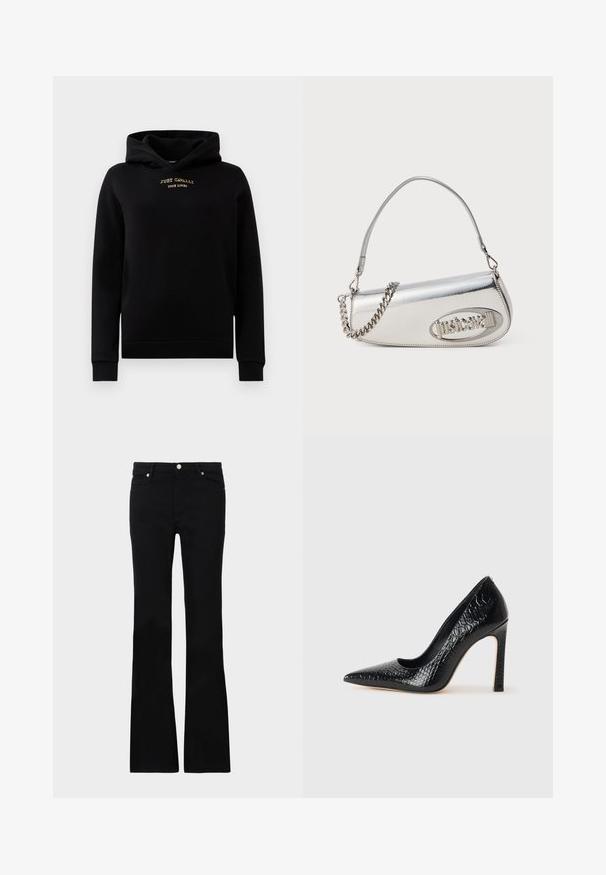 Mustat huppari, joka on valmistettu pehmeästä kankaasta. Siinä on edessä tasku, ribatut hihansuut ja kultainen brodeerattu logo rinnassa.; Mustat levenevät farkut, valmistettu denimi- materiaalista, varustettu kahdella etutaskulla, napin sulkimella ja sileällä pinnalla. Alussa näkyviä erityisompeleita.; Musta kapea nilkkakorkokenkä krokotiilin nahkakuviolla, joka on varustettu tyylikkäällä muotoilulla, korkealla stiletto-korkealla ja sileällä mustalla sisäosalla.; Hopealimetalliinen käsilaukku, jossa on pyöreä kolmio muoto, jossa on logo, ketjuhihna ja sileä pinta. Vetoketjukiinnitys sivussa.