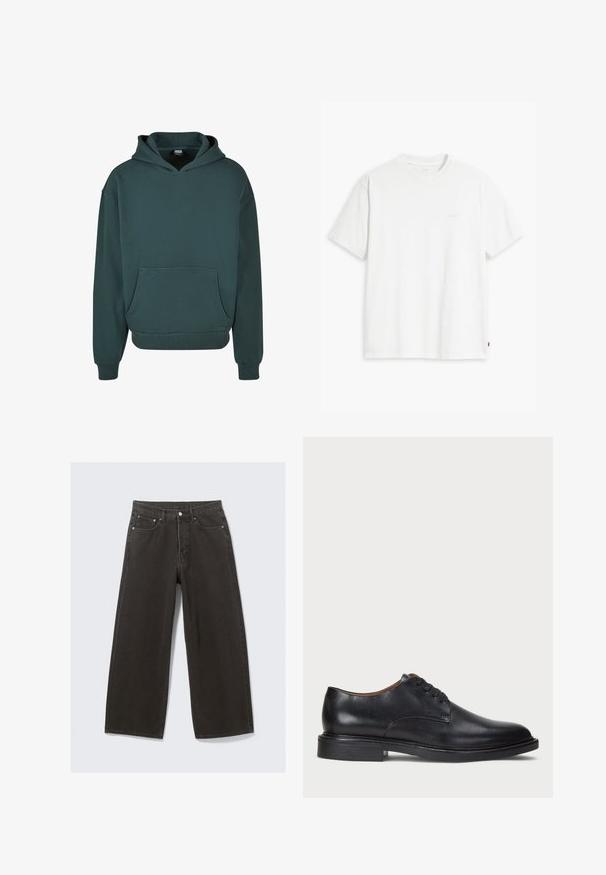 Zelena majica s kapuljačom izrađena od mekog materijala, s kenguruh dzepom, opuštenom kroju, rebrastim manžetama i rubom, te dvostruko podstavljenom kapuljačom.; Bijela pamučna majica kratkih rukava, s okruglim izrezom i suptilnim "Levi's" logotipom u svijetloj boji na prednjoj strani.; Široke crne traperice imaju visok struk, dizajn s pet džepova i zatvaranje na dugme. Tkanina ima mekan, teksturiran završetak.; Crne kožne cipele s okruglim vrhom, vezanjem i niskim stogom. Glatka tekstura s minimalnim šavovima.