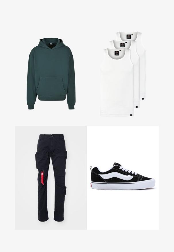 Zelená mikina s kapucí vyrobená z měkké tkaniny, která má klokaní kapsu, volný střih, žebrované manžety a lem, a dvojitou kapuci.; Tři bílé žebrované tílka vyrobené z bavlny. Mají kulatý výstřih a malé černé štítky poblíž lemu. Dostupné v několika velikostech.; Černé cargo kalhoty s několika bočními kapsami, poutek na opasek a červenou textilní nášivkou na levé straně. Vyrobené z odolného bavlněného materiálu.; Černé nubukové tenisky s bílými akcenty, s nízkým designem, šněrováním a silnou bílou gumovou podrážkou. Brandové logo na patě.