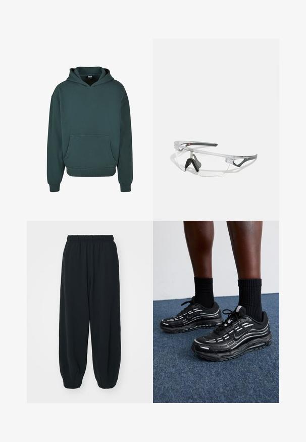 Roheline kapuutsiga pusse, mis on valmistatud pehmest kangast, varustatud taskuga, mugava lõikega, ribakätiste ja -äärtega ning kahekordse kapuutsiga.; Mustade elastse vöökoha ja laia lõikega dressipüksid, mansetiga sääred, sile tekstuur ning ilma nähtavate mustrite või detailideta.; Mustad mustad Nike'i jalanõud on varustatud võrkstruktuuriga pealispinna, aktsenttriipude, tekstuuritud paelte ja musta kummist tallaga. Kannan mustade ribakudumiste sokkidega.; Selged ohutusprillid kerge, läbipaistva raami ja hallide aktsentidega. Omab ümbritsevat disaini ja reguleeritavat ninatükki.