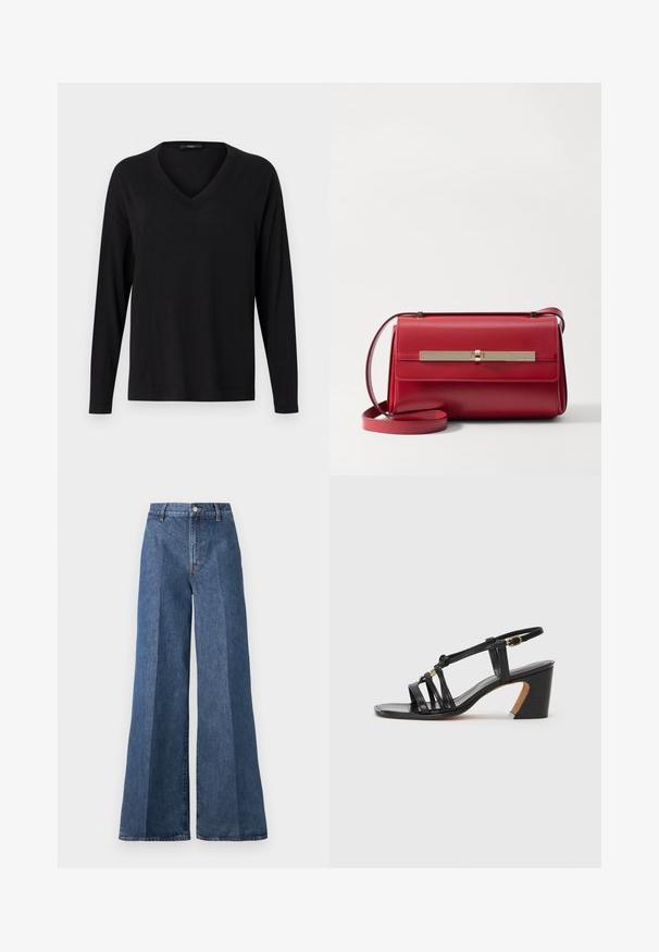 Sort langærmet V-hals sweater lavet af blødt stof, med en afslappet pasform og ribbede detaljer ved kraven og manchetterne.; Bredde ben blå denim jeans med høj talje, med klassisk fem-lomme stil og knaplukning, lavet af struktureret bomstof.; Paul Smith AMIRA - Pumps - black; Stuart Weitzman POSH SHOULDER BAG - Skuldertasker - cherry