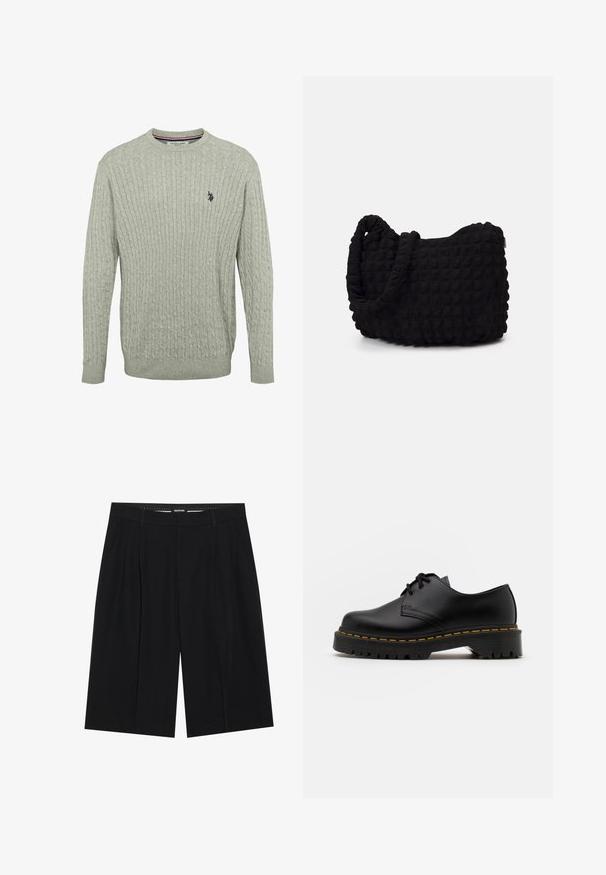 Svetlo siv pulover iz pletenine z vzorcem kabel, okroglo izrezan in z rebrastimi manšetami. Vezenina logotipa na levem prsnem delu.; YOURTURN SUMMERISH SUIT TROUSERS UNISEX - Kratke hlače - black; Črne usnjene čevlje z vezalkami in zaobljenim nosom, z gumijastim podplatom in rumenim šivom okoli osnove. Ravna zasnova in gladka površina.; Črn platneno torba z strukturiranim, quilted vzorcem. Okrogla oblika, kratki, debeli ročaji in mehak, fleksibilen konstrukt.