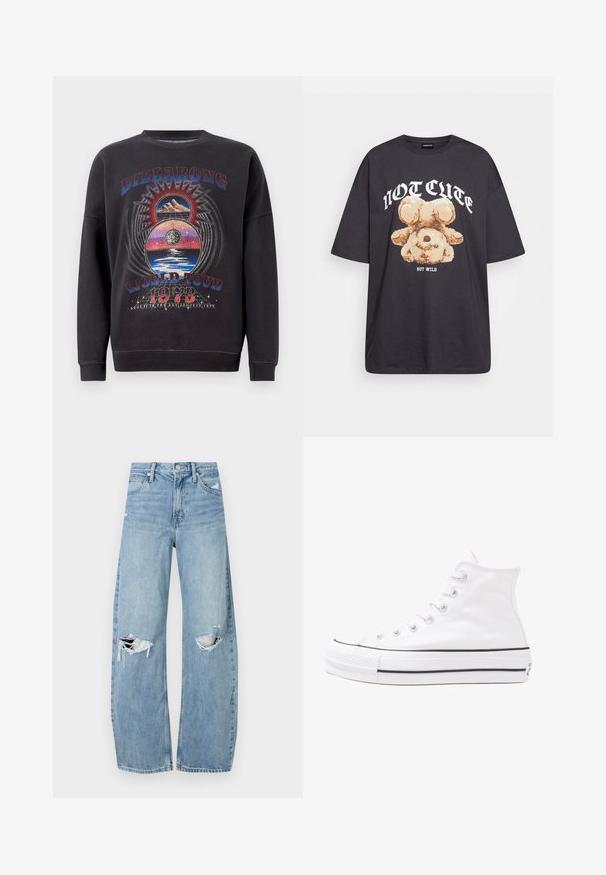 Sweatshirt preto com um design gráfico que apresenta o texto "BILLABONG WORLD TOUR 1973", montanhas e elementos celestiais em várias cores.; T-shirt oversized preto com uma gráfica de um urso e o texto "NÃO FOFO, MAS SELVAGEM" em letras brancas e em negrito. Material em algodão.; Jeans de lavagem clara, de cintura alta, feitos de denim. Apresentam pernas largas, duas áreas rasgadas nos joelhos e o estilo clássico de cinco bolsos.; Sapatilha alta de tela branca com sola de borracha preta, bico de borracha na frente e seis ilhós para os atacadores, apresentando um design limpo e minimalista.