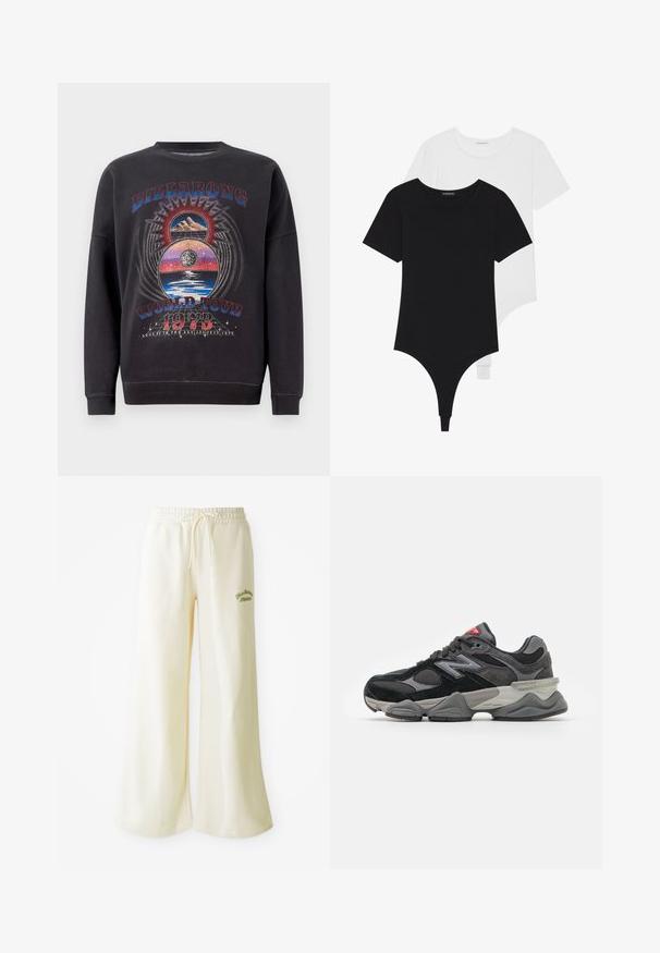 Zwart sweatshirt met een grafisch ontwerp met de tekst "BILLABONG WORLD TOUR 1973", bergen en hemelse elementen in meerdere kleuren.; Zwart-witte korte mouwen bodysuits met ronde halzen en stringonderdelen, gemaakt van glad, rekbaar stof.; Crème wijde sweatpants met een elastische tailleband en een verstelbare drawstring. Geborduurd groen "Athletic"-tekst op de voorkant. Zachte stof.; Zwarte en grijze sneaker met een mix van suede en mesh materialen, dikke zool, opvallend logo en een rode accent op de tong.