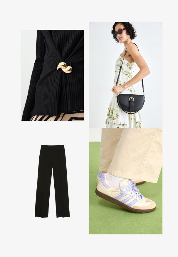 Schwarzes, geripptes Oberteil mit einem gedrehten Design, das mit einem glänzenden goldenen, halbmondförmigen Verschluss an der Taille gesichert ist. Der strukturierte Stoff verleiht Tiefe.; Schwarze weit geschnittene Hosen aus glattem Stoff, ausgestattet mit einem taillierten Bund und dezenten vorderen Falten für zusätzliche Struktur.; Cremefarbene und lavendelfarbene Sneakers mit drei Streifen und einer strukturierten braunen Sohle, ausgestattet mit Schnürsenkeln und einer gepolsterten Ferse. Obermaterial aus weichem Stoff.; Schwarze Lederhandtasche mit geschwungener Form, abnehmbarem Tragegurt und goldenen Beschlägen. Die Tasche verfügt über einen Deckel mit einer Schnallen-Details.