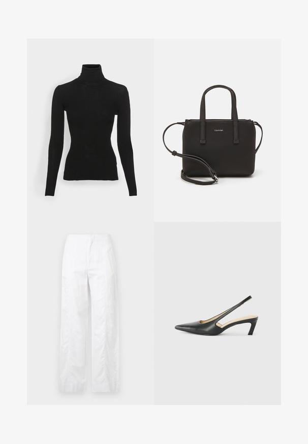 Black ribbed turtleneck sweater with long sleeves, fitted design, soft texture, and a high neck. No visible patterns or hardware.; White wide-leg trousers made of lightweight fabric, featuring a smooth texture, clean lines, and a high waist design.; Black pointy-toed slingback shoe with a low heel, featuring smooth leather material and cut-out design on the side for breathability.; Black handbag with dual short handles and a removable shoulder strap. Smooth leather-like material with a zip closure and logo detail.