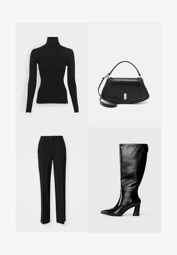 Czarny, prążkowany sweter z golfem, z długimi rękawami, dopasowany krój, miękka faktura i wysoki kołnierz. Brak widocznych wzorów lub elementów metalowych.; Czarne spodnie o dopasowanym kroju z prostymi nogawkami, o gładkiej fakturze i wyraźnych zagięciach z przodu. Bez widocznych elementów metalowych.; Czarny skórzany but do kolan z ostro zakończonym noskiem, gładką fakturą i grubym obcasem. Posiada zamek z tyłu.; Czarna skórzana torebka o strukturalnym designie, z przyciętą formą, górnym uchwytem i złotymi akcentami. W zestawie regulowany pasek na ramię.