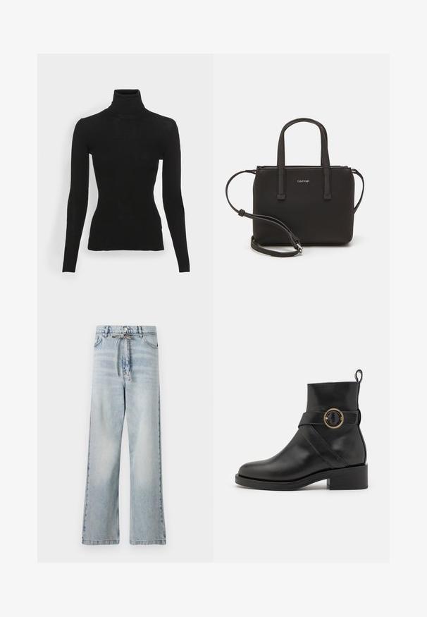 Černý žebrovaný rolák s dlouhými rukávy, přiléhavý střih, jemná textura a vysoký límec. Žádné viditelné vzory nebo kovové prvky.; Světle modré široké džíny z denimu, s vysokým pasem, předními kapsami a detaily na šňůrku v pase. Ošoupaný vzhled.; BOSS IRYNA BOOTIE - Kotníkové boty na platformě - black; Černá kabelka s dvojitými krátkými uchy a odnímatelným ramenním popruhem. Hladký koženkový materiál s uzávěrem na zip a detailem loga.