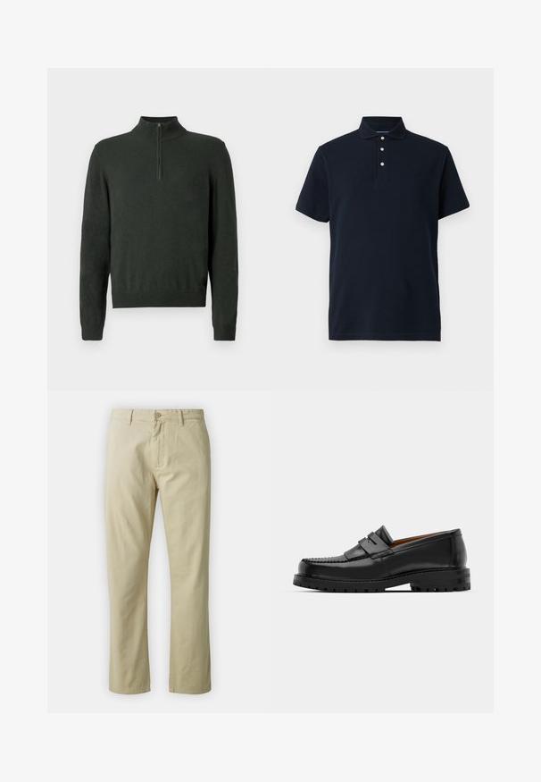 Maglione a maniche lunghe verde scuro con collo a mezza zip e polsi e orlo a costine su uno sfondo semplice.; Polo shirt blu navy a maniche corte con colletto e tre bottoni bianchi sulla patta, esposto su uno sfondo semplice.; Pantaloni in cotone beige dal design a gamba dritta, con chiusura frontale a bottone e passanti per cintura. Tessuto liscio, senza motivi o dettagli visibili.; I mocassini in pelle nera presentano una cucitura sollevata, due fasce decorative sulla parte superiore e una suola spessa e texture per una maggiore aderenza.