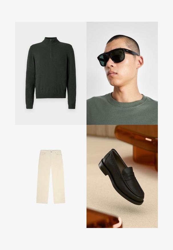 Maglione a maniche lunghe verde scuro con collo a mezza zip e polsi e orlo a costine su uno sfondo semplice.; Pantaloni di velluto a coste beige con design a gamba dritta, dotati di due tasche frontali e di una sottile texture a coste. Inclusi dettagli in metallo.; Mocassino in pelle nera con finitura testurizzata, caratterizzato da una cucitura a punti e suola in gomma. Posato su una superficie chiara.; Occhiali da sole rettangolari neri con lenti scure, caratterizzati da una forma distintiva e un marchio sulla parte tempiale. Indossati da una persona con una maglietta verde.