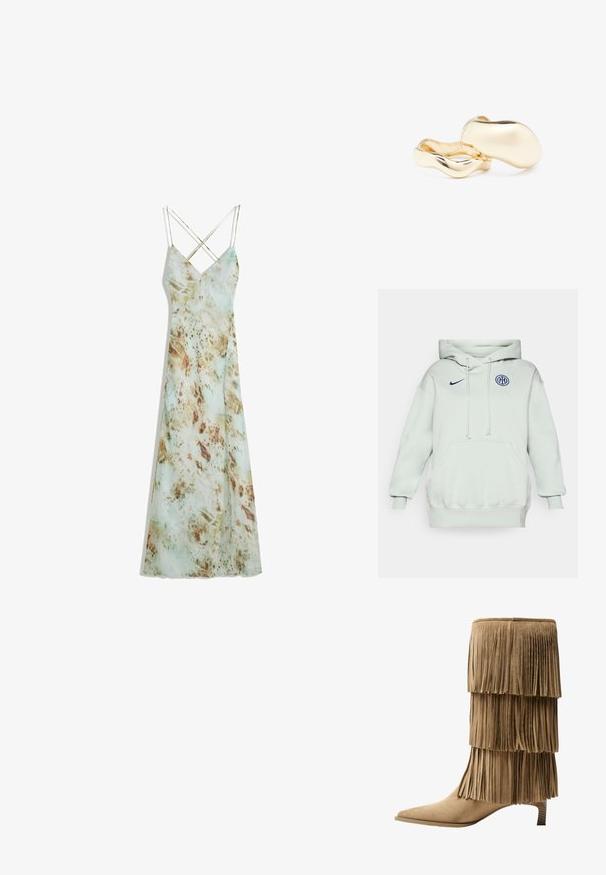 Lys grøn hoodie med en stor lomme foran, snor og ribbede manchetter. Har et blåt Nike-logo og et rundt blåt emblem på brystet.; Maxiendress med spaghetti-stropper i et lysegrønt, vandfarvet mønster med jordnære brune accenter. Glat stof med en flydende silhuet.; Fringe ankelstøvle i tan ruskind med tre lag af frynser. Spids tå og en lav blokhæl. Glat tekstur over det hele.; Guldfarvede øreringe med en organisk, bønneformet silhuet og en glat, reflekterende overflade; har et minimalistisk design uden synligt hardware.