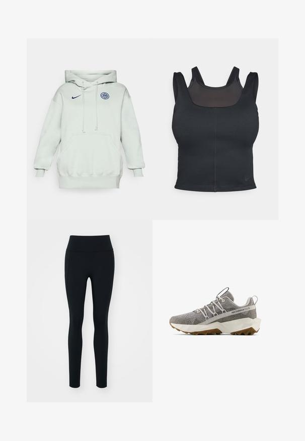 Vaaleanvihreä huppari, jossa on suuri etutasku, naru ja ribbed-hihansuut. Keskellä on sininen Nike-logo ja pyöreä sininen emblem.; Mustaharjoituskliivan mallinen musta urheiluliivi, jossa on leveät hihnat ja silkkinen verkkokangas etuosassa. Sujuva pinta ja vähäiset saumat. Nike-logo helmassa.; Musta legginssit, jotka on valmistettu joustavasta materiaalista ja joissa on korkea vyötärö. Suorapintainen rakenne, napakka muotoilu, eikä näkyviä koristeita tai kuvioita.; Harmaa New Balance -lenkkari, jossa on teksturoitu neulepinta, valkoinen geometrinen pohja, ruskea pito, joustolaskos ja repunapit kielekkeessä ja kantapäässä.