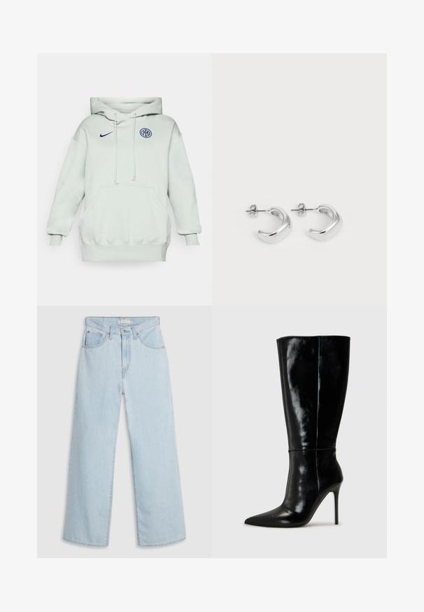 Lichtgroene hoodie met een grote voorkantzak, trekkoord en ribbelmanchetten. Voorzien van een blauw Nike-logo en een cirkelvormig blauw embleem op de borst.; Lichtblauwe, wijde denim jeans met een hoge taille, voorzien van een knoop- en ritssluiting, dubbele voorzakken en subtiele stikseldetails.; Zwarte leren kniehoge laarzen met een spitse neus en hoge stiletto hak. Soepele textuur en strak ontwerp, met minimale detailing.; Zilveren creolen met een gladde, gepolijste afwerking. Ronde vorm met een licht gebogen ontwerp en versmolten randen. Met pin sluiting.