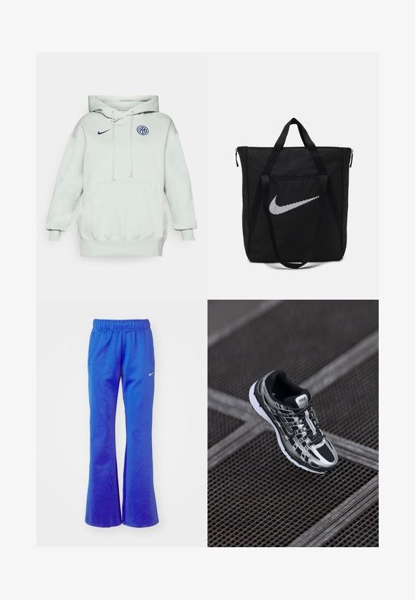 Svetlozelená mikina s veľkou prednou vreckom, šnúrkou a rebrovanými manžetami. Na hrudi sa nachádza modré logo Nike a kruhová modrá embléma.; Rozšírené športové nohavice v jasne modrej farbe, s elastickým pásom, dvoma bočnými vreckami a malým bielym logom na prednej strane.; Bežecká obuv Nike s čierno-striebornou farebnou schémou, sieťovinovým zvrškom, štruktúrovanou podrážkou a systémom šnurovania pre bezpečné uchytenie.; Čierna nylonová taška s dvoma pevnými uchami a zipsovým uzáverom. Obsahuje výrazné biele logo Nike vo vrúbkovanom horizontálnom dizajne.