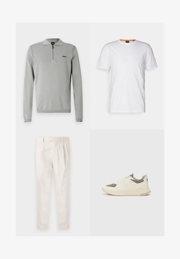 Grå pullover med zipkrage, med ribbstickade detaljer på axlar och muddar. Har en liten svart "BOSS"-logotyp på bröstet.; Vit bomulls T-shirt med rundad halsringning, korta ärmar och en diskret präglad logotyp på bröstet. Inuti finns en etikett med en orange accent.; Vita, plisserade byxor med skräddarsydd passform, med en mjuk yta, bälteshängare och avsmalnande ben. Inga synliga fickor eller mönster.; Vit och ljusbeige atletisk sneaker med ett meshöverdrag, perforerade detaljer och en texturerad mellansula med varumärke på hälen.