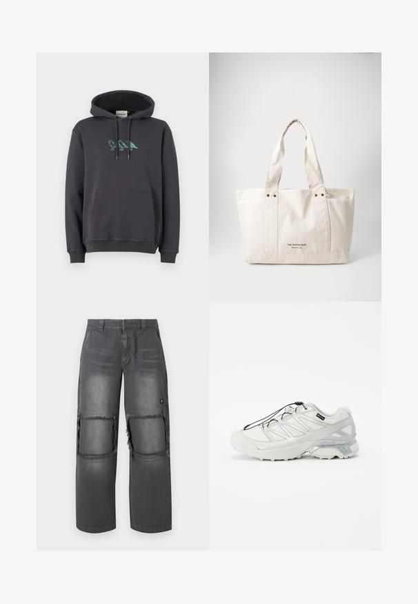 Tumehall hallitus, millel on känguru-tasku, nööriga kapuuts ja rohelise dinosauri broderi rinna piirkonnas. Pehme puuvillane materjal, mugav lõige.; Halli denimpüksid lõdva lõikega, millel on kulunud põlvekohad, kontrastne tikand ja väike logo küljel.; Valge spordijalats, millel on tekstuurne võrkpealne, peegeldavad aktsendid ja pehmendatud tald. Omab elastseid paelu ja halli detailide toon. ; Kerge beeži kangast ostukott, millel on kaks tugevat kätet, kontrastne valge ääris ja must kiri "THE NORTH FACE" ees.