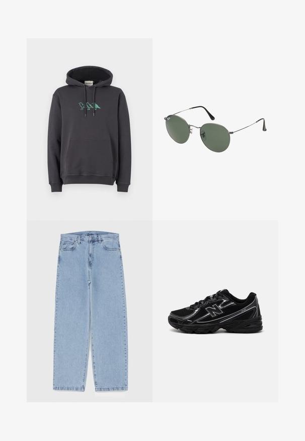 Felpa grigia scura con tasca a marsupio, cappuccio con lacci e ricamo di un dinosauro verde sul petto. Materiale in cotone morbido, vestibilità rilassata.; Jeans in denim azzurro chiaro con design a gamba dritta, caratterizzati da una vita media, cinque tasche e chiusura con bottone e zip.; Scarpa da ginnastica nera con tomaia in mesh, dettagli argento, suola imbottita e chiusura con lacci. Caratterizzata da punta arrotondata e battistrada testurizzato.; Occhiali da sole con montatura in metallo e lenti verdi ovali. Montatura sottile in metallo argento e terminali neri. Design minimalista, senza loghi visibili.