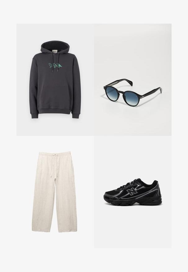Hanorac gri închis cu buzunar tip cangur, glugă cu șnur și broderie cu dinozaur verde pe piept. Material din bumbac moale, croială lejeră.; Pantaloni din in de culoare bej deschis, cu un brâu elastic și șnur, cu un design cu picioare largi și buzunare laterale. Textură netedă.; Pantofii sport negri cu partea superioară din plasă, accente argintii, talpă căptușită și închidere cu șireturi. Prezintă vârf rotunjit și profil texturat.; Ochelari de soare negri cu o formă ovală, lentile graduat de culoare albastră și brațe elegante cu accente distincte de argint. Textură netedă pe întreaga suprafață.