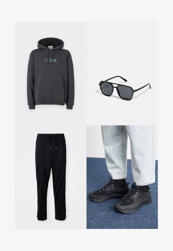Sweat à capuche gris foncé avec une poche kangourou, un cordon de serrage et une broderie de dinosaure vert sur la poitrine. Tissu en coton doux, coupe décontractée.; Pantalons décontractés noirs à taille à cordon de serrage avec poches latérales et coupe droite sur fond uni.; Des chaussures de sport noires avec un tissu texturé et des semelles en caoutchouc, dotées de lacets élastiques et d'un accent bleu au talon. Portées avec un pantalon en denim clair.; Lunettes de soleil noires avec monture octogonale, verres foncés, finition brillante, branches fines et accents dorés sur l'avant.