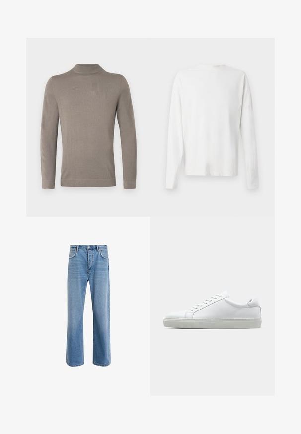 Jasnobrązowy sweter z długim rękawem i golfem. Miękka dzianina, dopasowany krój, ściągacze na mankietach i dole. Prosta, bezszwowa konstrukcja.; Biała, bawełniana koszula z długim rękawem, okrągłym dekoltem, bocznymi rozcięciami na dole oraz gładką fakturą, wyeksponowana z tyłu.; Jasnoniebieskie dżinsy o prostym kroju, pięć kieszeni, zapięcie na guzik, minimalne blaknięcia i kontrastowe wykończenia szwów.; Białe sneakersy z gładką skórzaną cholewką i niskim profilem. Posiadają okrągły nos, sześć dziurek na sznurówki oraz teksturowaną gumową podeszwę.