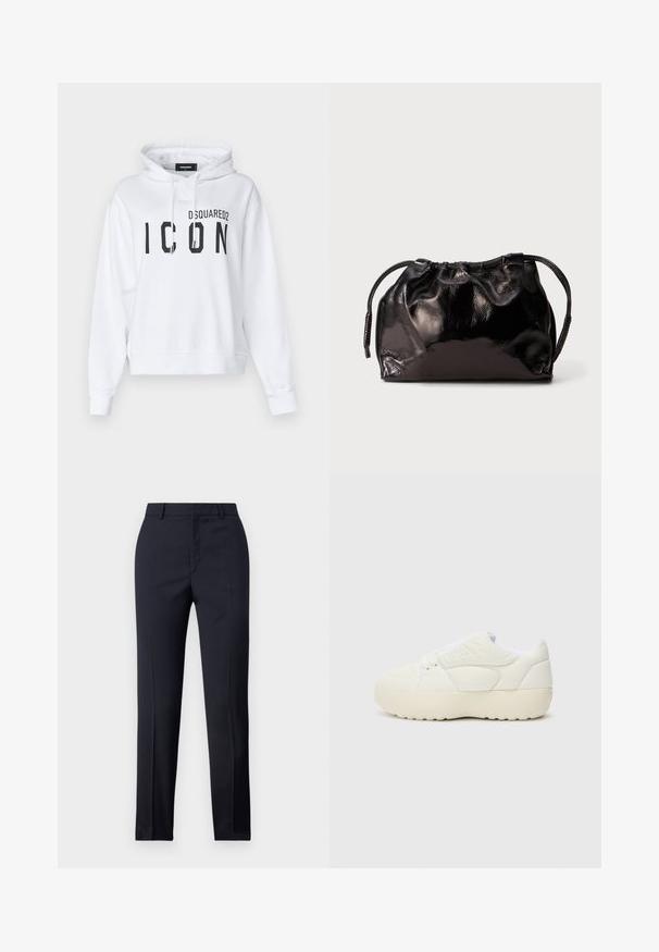 Felpa corta bianca in misto cotone, con una grande stampa nera "ICON" e il logo "DSQUARED2". Include un cappuccio regolabile con cordino.; Pantaloni tailored blu navy a gamba dritta, caratterizzati da una texture liscia, due tasche frontali e una vita pulita.; Sneaker bianco con tomaia in pelle liscia, punta arrotondata, lacci piatti e suola in gomma spessa e texture. Design minimalista con accenti laterali.; Piccola sacca a drawstring in pelle nera lucida con manici corti su uno sfondo grigio chiaro.